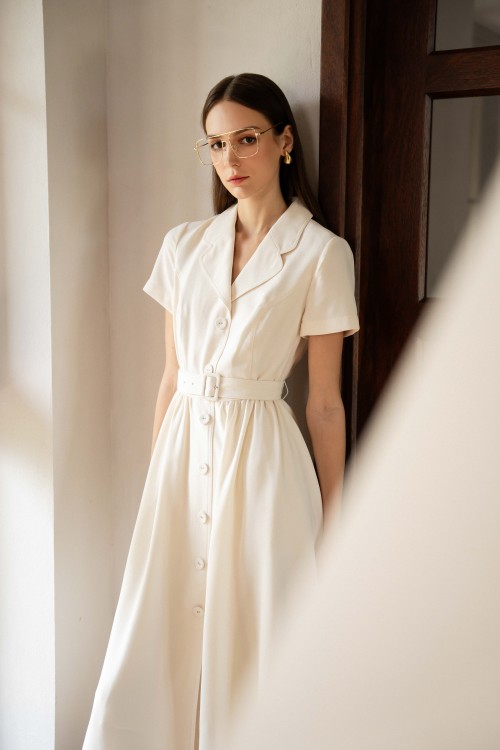 Sixdo Cream Woven Midi Dress